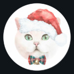 Watercolor White British Shorthair Cat Christmas Classic Round Sticker<br><div class="desc">Happy holidays! Send holiday greetings to family and friends with this cat-theme sticker. It features a white watercolor British Shorthair with a Santa hat and red bowtie. This British Shorthair cat sticker will be perfect for party favours and envelope seals.</div>