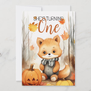Watercolor White & Brown Fox Pumpkin 1st Birthday Invitation