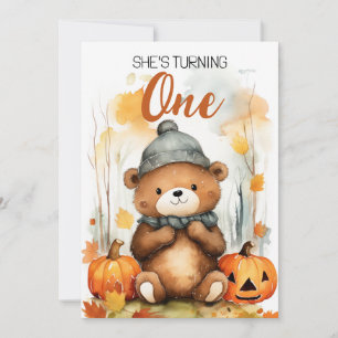 Watercolor White & Brown Happy Bear 1st Birthday Invitation