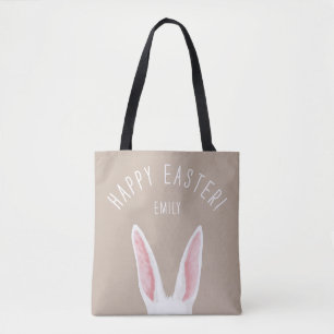 Watercolor White Bunny Ears With Name Happy Easter Tote Bag