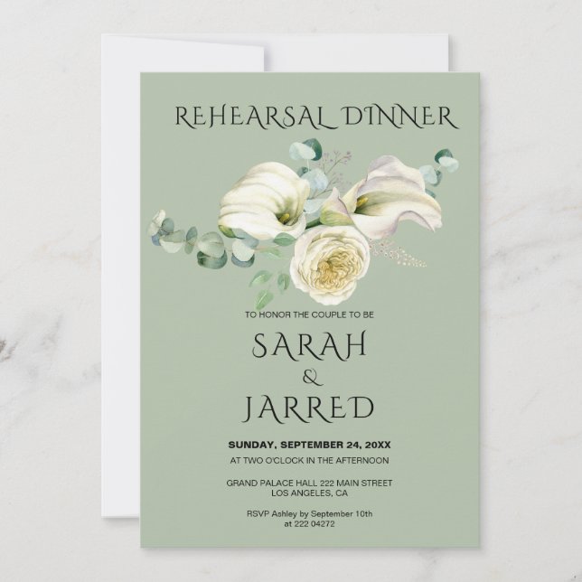 Watercolor White Calla Lilies Bouquet Rehearsal Invitation (Front)
