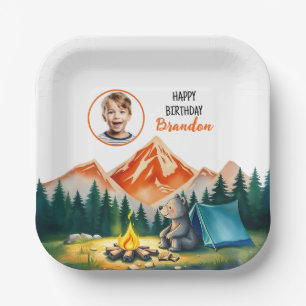 Watercolor White Camping Bear Kids Photo Birthday Paper Plate