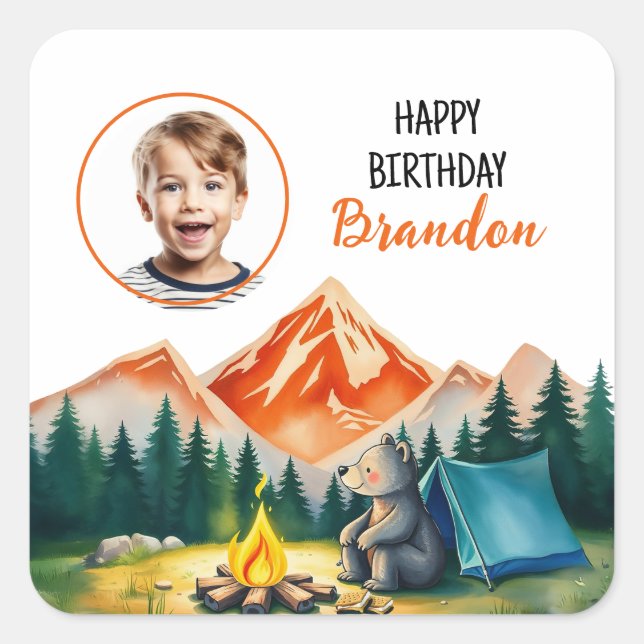 Watercolor White Camping Bear Kids Photo Birthday Square Sticker (Front)