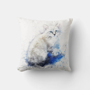 Watercolor White Cat  Cushion