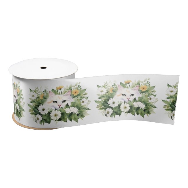 Watercolor White Cat In Daisies Satin Ribbon (Spool)