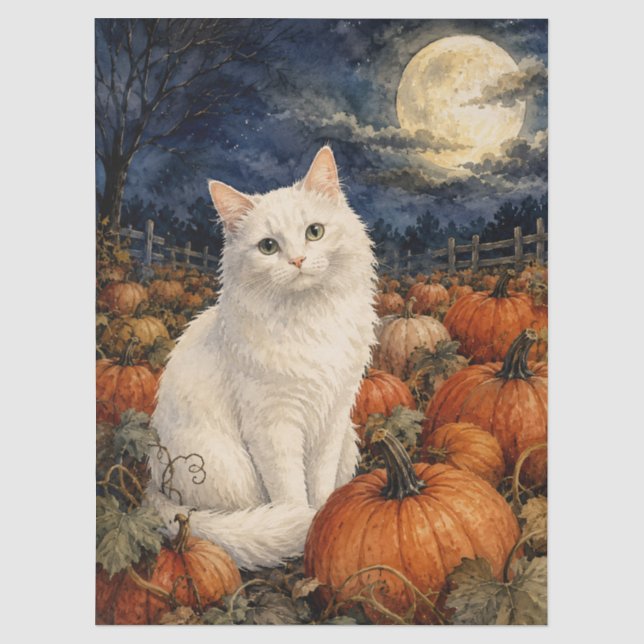 Watercolor White Cat in Pumpkin Patch Tissue Paper (Front)