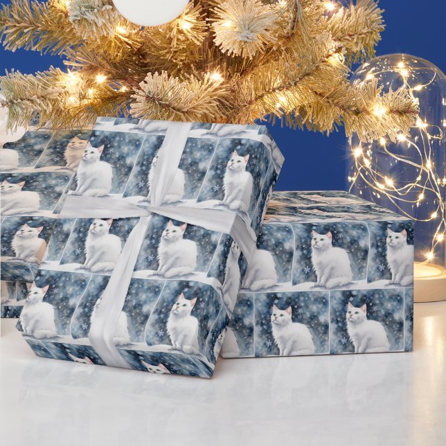 Watercolor White Cat In Snowflakes Wrapping Paper (Holidays)