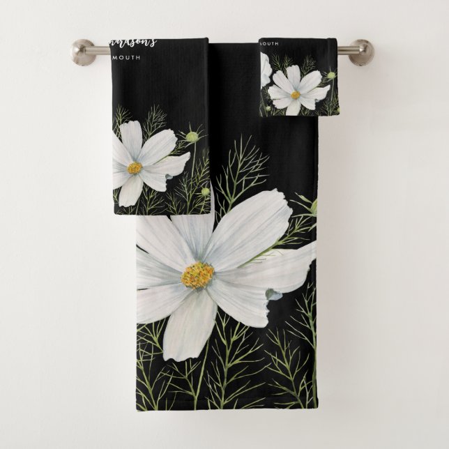 Watercolor White Cosmos Flowers Botanical Painting Bath Towel Set (Insitu)