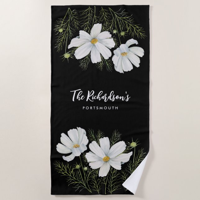 Watercolor White Cosmos Flowers Botanical Painting Beach Towel (Front)