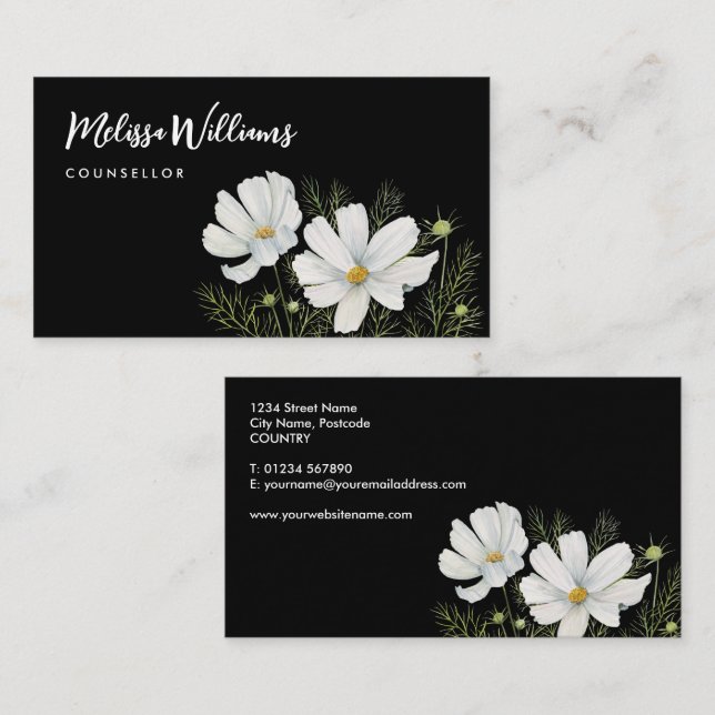 Watercolor White Cosmos Flowers Botanical Painting Business Card (Front/Back)