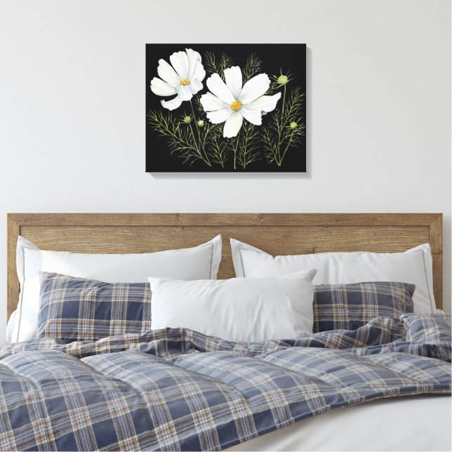 Watercolor White Cosmos Flowers Botanical Painting Canvas Print (Insitu(Bedroom))