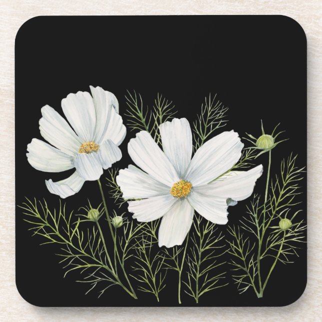 Watercolor White Cosmos Flowers Botanical Painting Coaster (Front)
