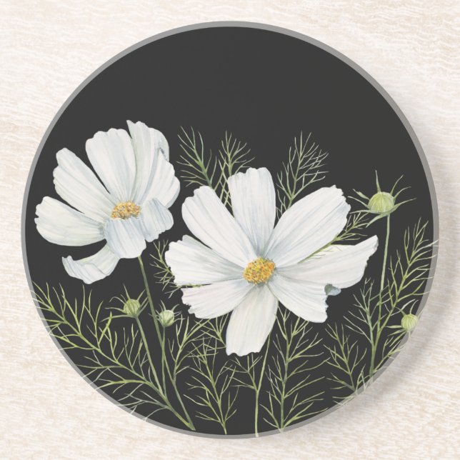 Watercolor White Cosmos Flowers Botanical Painting Coaster (Front)