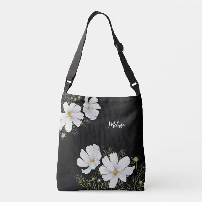 Watercolor White Cosmos Flowers Botanical Painting Crossbody Bag (Back)