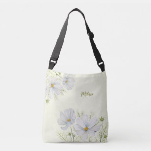 Watercolor White Cosmos Flowers Botanical Painting Crossbody Bag