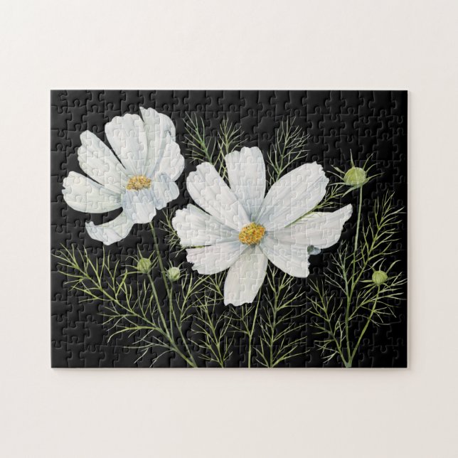 Watercolor White Cosmos Flowers Botanical Painting Jigsaw Puzzle (Horizontal)