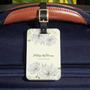 Watercolor White Cosmos Flowers Botanical Painting Luggage Tag