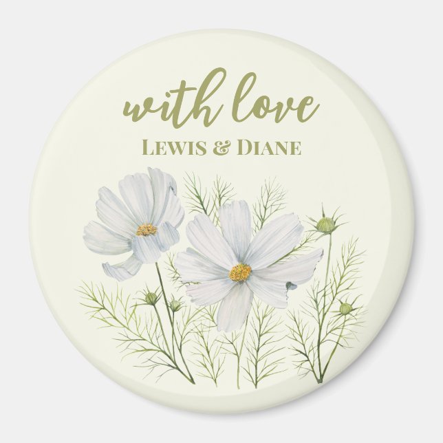 Watercolor White Cosmos Flowers Botanical Painting Magnet (Front)