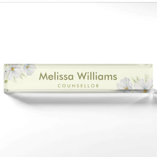 Watercolor White Cosmos Flowers Botanical Painting Nameplate