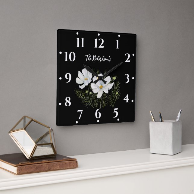 Watercolor White Cosmos Flowers Botanical Painting Square Wall Clock (Office)