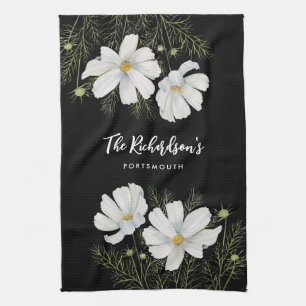 Watercolor White Cosmos Flowers Botanical Painting Tea Towel