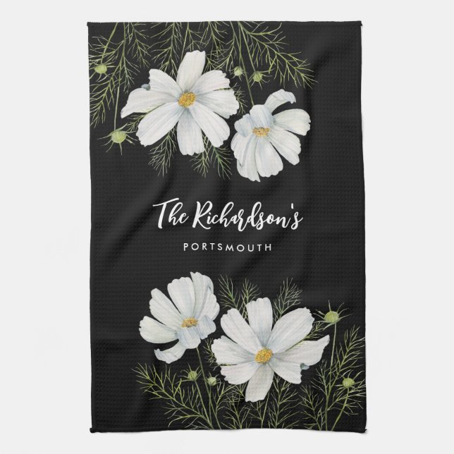 Watercolor White Cosmos Flowers Botanical Painting Tea Towel (Vertical)