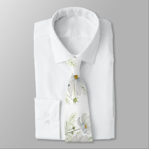 Watercolor White Cosmos Flowers Botanical Painting Tie