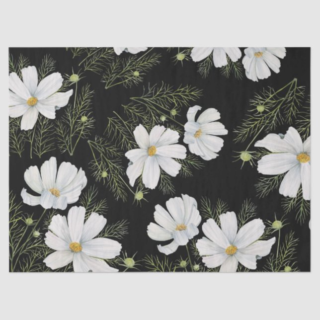 Watercolor White Cosmos Flowers Botanical Painting Tissue Paper (Front)