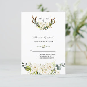 Watercolor White Cream Flowers Antlers Wedding RSVP Card