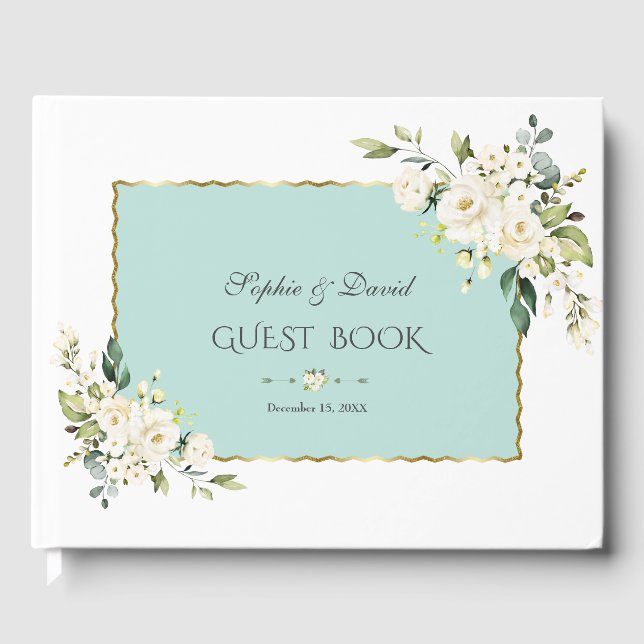 Watercolor White Cream Flowers Green Frame Wedding Guest Book (Front)
