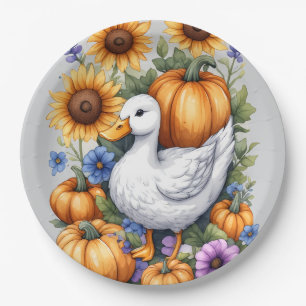 Watercolor White Duck Sunflowers & Pumpkins Fall Paper Plate