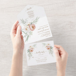 Watercolor White Dusty Rose Flowers Wedding All In One Invitation