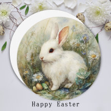 Watercolor White Easter Bunny Meadow Spring Art