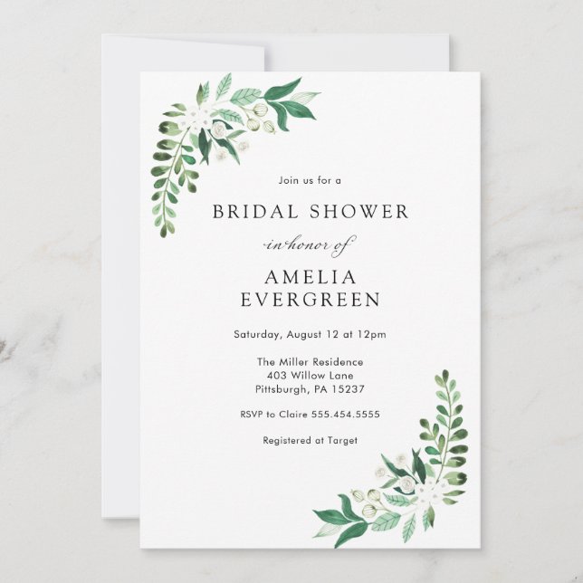 Watercolor White floral and greenery Bridal Shower Invitation (Front)