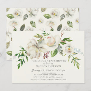 Watercolor White Floral Baby Shower Invitation