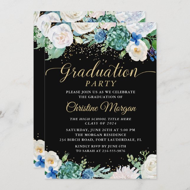 Watercolor White Floral Botanical Graduation Party Invitation (Front/Back)