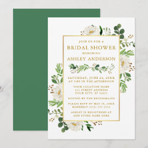 Watercolor White Floral Bridal Shower Gold Invitation