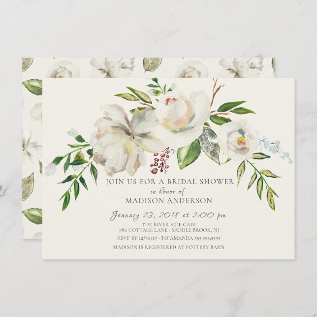 Watercolor White Floral Bridal Shower Invitation (Front/Back)