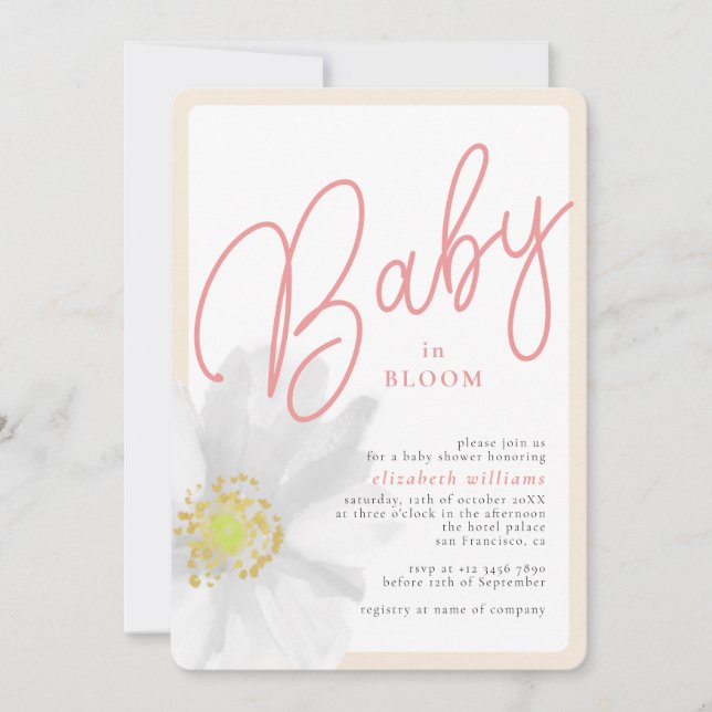 Watercolor White Floral Chic Baby in Bloom  Invitation (Front)