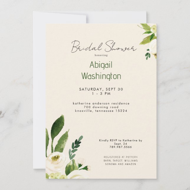 Watercolor White Floral Cream Bridal Show Invitation (Front)
