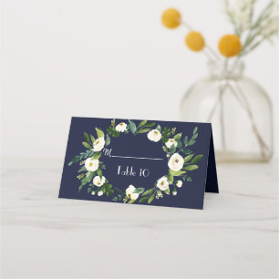 Watercolor White Floral Dark Blue Table Number Place Card