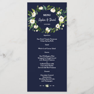 Watercolor White Floral Dark Blue Wedding Menu