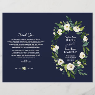 Watercolor White Floral Dark Blue Wedding Program
