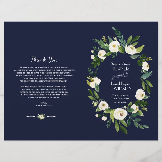 Watercolor White Floral Dark Blue Wedding Program (Front)