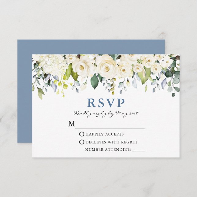 Watercolor White Floral Dusty Blue Wedding RSVP Card (Front/Back)