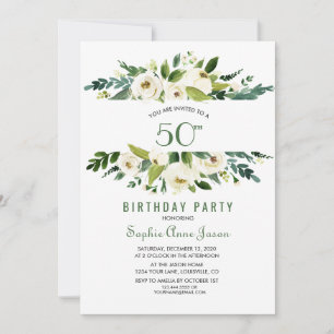 Watercolor White Floral Frame 50th Birthday Invitation