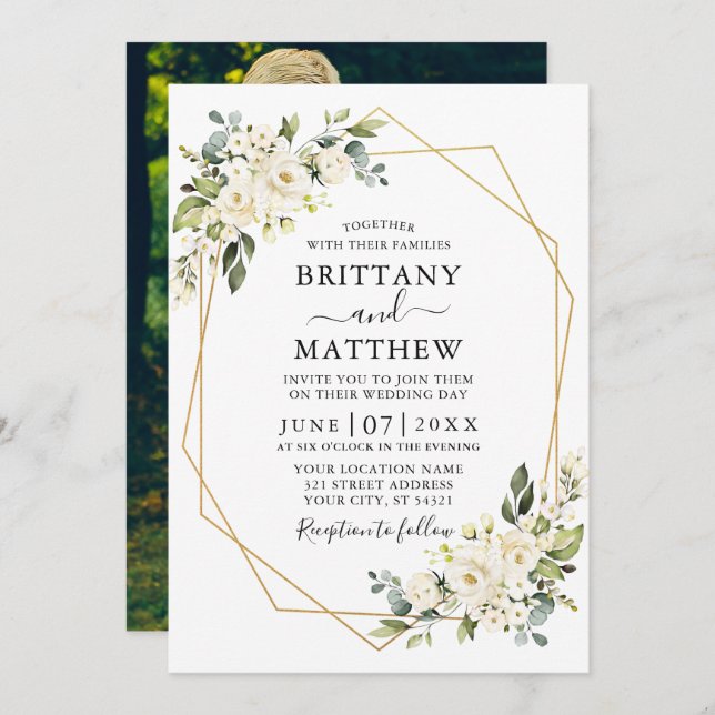 Watercolor White Floral Geo Frame Photo Wedding Invitation (Front/Back)