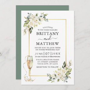 Watercolor White Floral Glass Wedding Sage Green Invitation