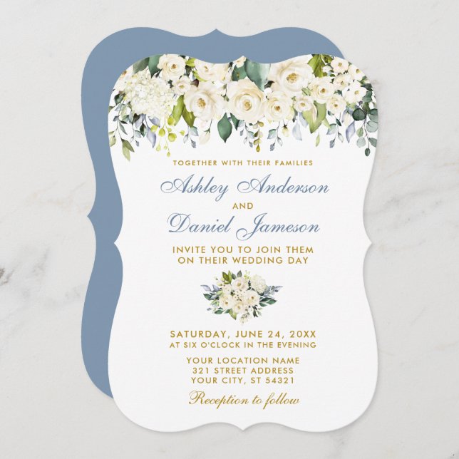 Watercolor White Floral Gold Dusty Blue Wedding Invitation (Front/Back)