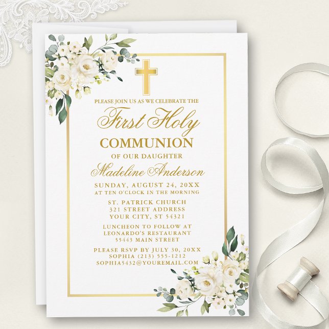 Watercolor White Floral Gold First Communion Invitation (Customize to change text color, size, style or to add photos or more text to back of card.)